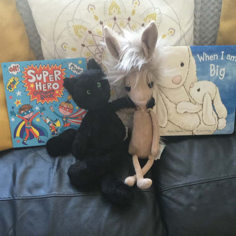 Jellycat soft toys, book and Rachel Ellen colouring book
