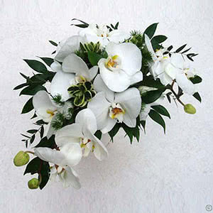 This is a picture of a White Phalaenopsis Orchid Wedding Bouquet with ruscus and variegated foliage.