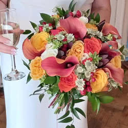 This is a Wedding Bouquet consisting of pink Calla Lilies, peach and orange Roses plus Ruscus foliage.