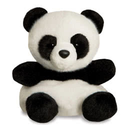 Palm Pals Bamboo Panda soft toy by Aurora. Coming with black and white plush fur and typical panda characteristics, a small snout, round perky ears and a really cute expression.