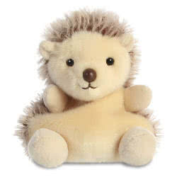 Palm Pals Hedgie Hedgehog soft toy by Aurora. This adorable hedgehog comes with super soft brown speckled spikes, a beany bottom, tiny arms and legs, cream body, and a smiley face. A great pocket sized companion to take on adventures. Made from recycled m