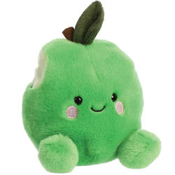 Palm Pals Jolly Green Apple by Aurora. This juicy cutie plush fits perfectly into the palm of your hand, coming in a vibrant green, soft plush material with a small bite missing out of the corner plus little legs, stitched blushing cheeks, accompanied by 