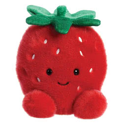 Palm Pals Juicy Strawberry by Aurora. This sweet little strawberry plush toy fits perfectly into the palm of your hand, coming in a bright red plush fur, stitched pink seeds, a green calyx, and a really cute expression.