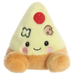 Palm Pals Peppa Pizza Slice by Aurora featuring an orange and yellow base plush material with embroidered mushroom, pepper and pepperoni toppings.