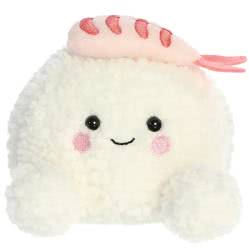Palm Pals Ebi Shrimp Sushi by Aurora World features squidgy white fur, hand stitched blushing cheeks, finished with a soft pink material shrimp.