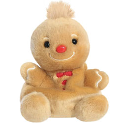Palm Pals Gino Gingerbread Man plush soft toy by Aurora World, coming in a soft biscuit-brown plush body, with tufty hair, red nose and buttons and a cute smily grin.