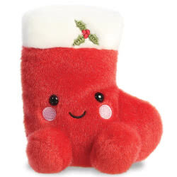 Palm Pals Holly Stocking Soft Toy by Aurora. This festive stocking is perfect to display on the fireplace. Coming with fluffy red and white fur, hand stitched smile and rosy cheeks. Finished with hand embroidered holly for an extra special touch.