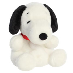Aurora World Palm Pals Peanuts Snoopy coming in a soft white plush body, with black eyes, eyebrows and droopy ears, a cute smily grin and the classic bright red collar.