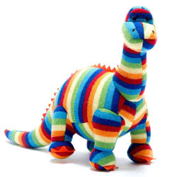 Best Years Diplodocus Knitted Dinosaur Toy Bold Stripe. Made From 100% acrylic yarn with recycled polyester stuffing. Coming in a vibrant, bold striped, multicoloured knitted fur. Featuring deep orange felt claws and spikes along the back, with hand stitc
