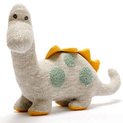 Best Years Knitted Organic Cotton Diplodocus Dinosaur Large. Coming in this larger size, and made from 100% grey organic cotton in a knitted style, this Scandi inspired dino features raised teal spots, mustard spikes and foot soles, with hand stitched eye