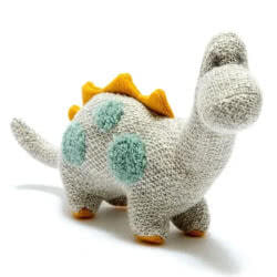 This is Best Years Small Knitted Organic Cotton Diplodocus. Made from 100% grey Organic Cotton in a knitted style, this Scandi inspired dino features raised teal spots, mustard spikes and foot soles, with hand stitched eyes. A lovely, contemporary design 