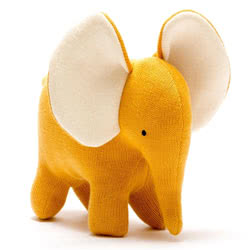 Best Years Large Knitted Organic Cotton Mustard Elephant Baby Toy. Made from tactile organic cotton, part of a range of Scandi design toys, characterised by a neutral colour palette and minimalist designs. Scandi toys are made from high quality, natural m