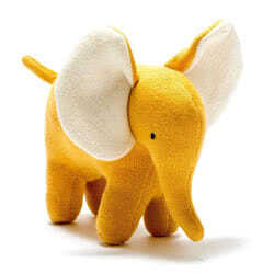 Best Years Baby Ellis Knitted Organic Cotton Mustard Elephant Soft Toy in small. Made from 100% mustard organic cotton in a knitted style, this Scandi inspired elephant comes with iconic large ears, and hand stitched eyes.