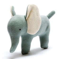 Best Years Knitted Organic Cotton Teal Small Elephant Baby Scandi Toy. Made from tactile organic cotton.
This gorgeous elephant toy comes with two legs, large ears, long trunk and stitched feratures, it is part of a range of Scandi toys. Perfect for a mo