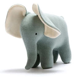 Best Years large Knitted Cotton Teal Elephant Baby Toy. Made from tactile organic cotton, part of a range of Scandi design toys, characterised by a neutral colour palette and minimalist designs.