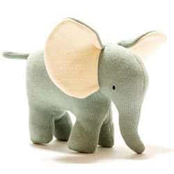 Best Years Baby Ellis Knitted Organic Cotton Teal Elephant Soft Toy Small. Made from 100% teal organic cotton in a knitted style, this Scandi inspired elephant comes with iconic large ears, and hand stitched eyes.