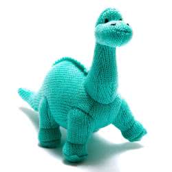 Best Years Knitted Diplodocus Dinosaur Ice Blue Baby Rattle. Made From 100% acrylic yarn with recycled polyester stuffing in a turquoise knitted body. Featuring matching felt claws and spikes along the back, with hand stitched eyes.