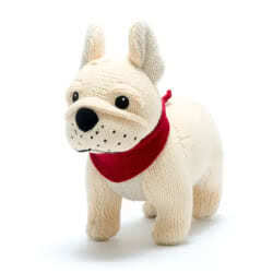 Best Years Knitted French Bulldog Baby Rattle. Made From 100% acrylic yarn with a polyester stuffing, and coming in a soft, beige knitted style fur, with hand stitched eyes, skin follicles and a cute button nose. This cute canine loves to show off, check 