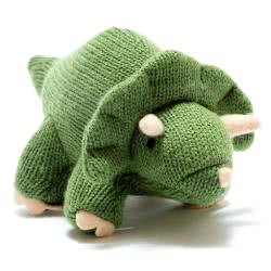 Best Years Knitted Moss Green Triceratops Dinosaur Baby Rattle. Made From 100% acrylic yarn with recycled polyester stuffing in a moss green knitted body. Featuring beige felt claws, with matching horns and stitched eyes.