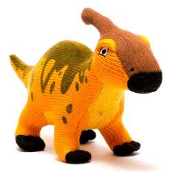 This is Best Years Knitted Parasaurolophus Dinosaur Baby Rattle in orange brown and black, it is made from 100% acrylic yarn with recycled polyester stuffing, finished with hand stitched eyes.