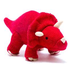 Best Years Knitted Red Triceratops Dinosaur Baby Rattle. Made From 100% acrylic yarn with recycled polyester stuffing in a deep red knitted fur. Featuring white felt claws and matching horns, finished with hand stitched eyes.