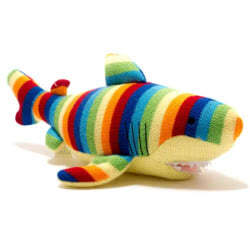 Best Years Knitted Shark Soft Toy with Bold Stripes. Made from 100% acrylic yarn with recycled polyester stuffing in a vibrant, multicoloured stripe knitted fur. With matching white felt teeth, finished off with hand stitched eyes and details.