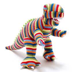 Best Years Knitted Stripe T-Rex Dinosaur Baby Rattle. Made from 100% acrylic yarn with recycled polyester stuffing in a vibrant, stripey rainbow knitted body. Featuring white felt claws with matching teeth and soft green spikes along it's back.