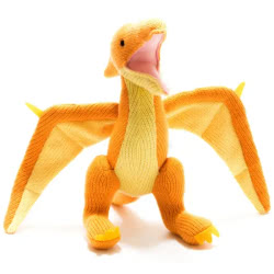 Best Years Yellow Knitted Pterodactyl Dinosaur Soft Toy. Made from 100% acrylic yarn with recycled polyester stuffing in a yellow knitted fur. Featuring mustard felt claws and huge bat-like wings, complimented by hand stitched eyes. This pre-historic pal 