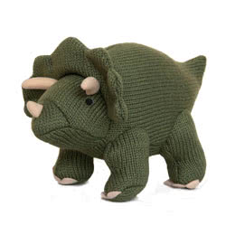 Best Years Triceratops Knitted Dinosaur Toy in Moss Green. Made From 100% acrylic yarn with recycled polyester stuffing in a knitted, moss green fur. Featuring beige felt claws, and squidgy horns. This pre-historic pal is certainly tactile and robust.