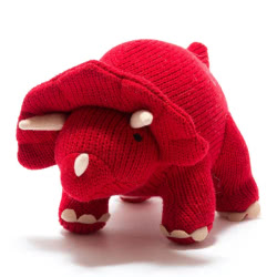 Best Years Triceratops Knitted Dinosaur Red Soft Toy. Made From 100% acrylic yarn with recycled polyester stuffing in a knitted, deep red fur. Featuring beige felt claws, and matching squidgy suede horns.