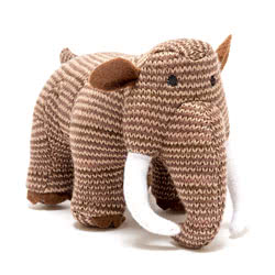 Best Years Woolly Mammoth Knitted Rattle Brown Stripe. Made from 100% acrylic yarn with recycled polyester stuffing. Coming with a gorgeous two-tone brown knitted fur, felt ears, soft white tusks and hand stitched eyes, plus a gentle rattle.