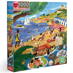 Eeboo Beach Umbrellas 1000 Piece Jigsaw Puzzle features vibrant illustrations embodying a perfect seaside holiday.