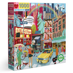 eeBoo New York Life 1000 Piece Jigsaw Puzzle featuring Uta Krogmann's artwork, 90% recycled materials, vegetable based inks.