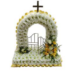 Speciality Funeral Flower Tributes Page One including Gates of Heaven, Floral Prayer Book, Spade, Anchor and Golf Bag, all of these designs are made on pre-cut Oasis boards.