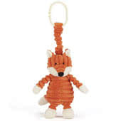 Baby Jellycat Jitter Toys including Cordy Roy Fox, it comes with an orange cordy roy body, cream paws and inner ears, use the clip to attach it and then pull down on the little fox to make it jiggle..