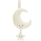 Baby Jellycat Musical Pull Toys including Bashful Bunnies, Black and Cream Puppy, Amuseable Moon and Sun and Bartholomew Bear, to operate simply pull the attached small soft toy hanging from the star, moon or sun.