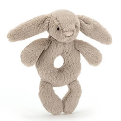 Jellycat Bashful Beige Bunny Ring Rattle, 100% recycled polyester, featuring beige fur, pink nose, long ears and cute looks but it also has legs for easier holding, comes with a soft rattle sound.