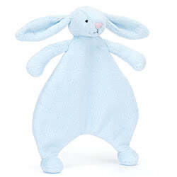 Jellycat Bashful Blue Bunny Baby Comforter, 100% recycled polyester, featuring baby blue blanket body, little paws, long arms and ears, stitched eyes and suede pink nose.