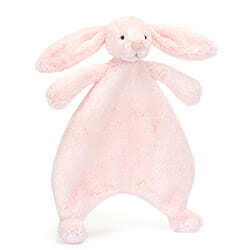 Jellycat Bashful Pink Bunny Baby Comforter, 100% recycled polyester, featuring baby pink blanket body, little paws, long arms and ears, stitched eyes and suede pink nose.