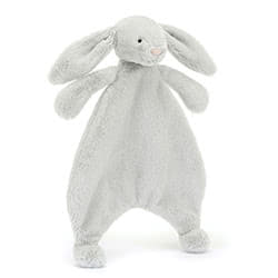 Jellycat Bashful Silver Bunny Baby Comforter, 100% recycled polyester, featuring light grey blanket body, little paws, long arms and ears, stitched eyes and suede pink nose.