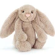 Jellycat Bashful Beige Bunny comes in seven different sizes from giant to tiny, plus Beige Bunny blankies, soothers, comforters, ring rattles, bag charms and books.