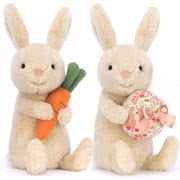 Jellycat Bonnie Bunnies plush toys including Bunny with Carrot, Egg and Peony.