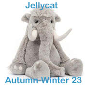 Jellycat Autumn-Winter Soft Toys Collection for 2023 including Viggo Mammoth, Adon Dragon and Stellan Sabre Tooth Tiger.