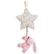 Baby Jellycat Musical Pull Toys including Bashful Bunnies, Black & Cream Puppy, Amuseable Moon and Sun and Bartholomew Bear, to operate simply pull the attached small soft toy hanging from the star, moon or sun.