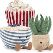 Jellycat's Amuseable Range including the Avocado, Oat Bowl, Popcorn, Aloe Vera, Storm Cloud, Potato, Coffee Cup, Baguette and many more.