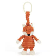 Baby Jellycat Jitter Toys including Cordy Roy Fox, coming with an orange cordy roy body, cream paws and inner ears, simply attach it by the clip and pull down on the little fox to make it jiggle.