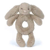 Baby Jellycat Rattles and Grabbers including Bashful Beige Bunny, Silver Bunny, Bashful Giraffe and Bartholomew Bear Ring Rattles.