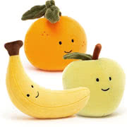 Jellycat Fabulous Fruit plush toys including Apple, Banana, Cherry, Grapes, Orange, Plum and Strawberry, all coming with stitched smiley faces.