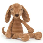 Jellycat Ribble Dog, Elephant and Giraffe soft toys, made with textured corduroy fur, coming with long limbs with weighted ends and hooded eyes.