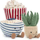 ellycats Amuseable Range including the Avocado, Oat Bowl, Popcorn, Aloe Vera, Storm Cloud, Potato, Coffee Cup, Baguette and many more plush toys.